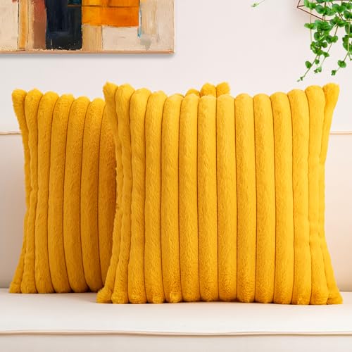 Aegero Pack of 2 Faux Fur Christmas Throw Pillow Covers 18x18 Inch Soft Plush Striped Neutral Couch Pillow Cover with Velvet Back Modern Home Decor for Sofa Living Room Couch Bed Yellow