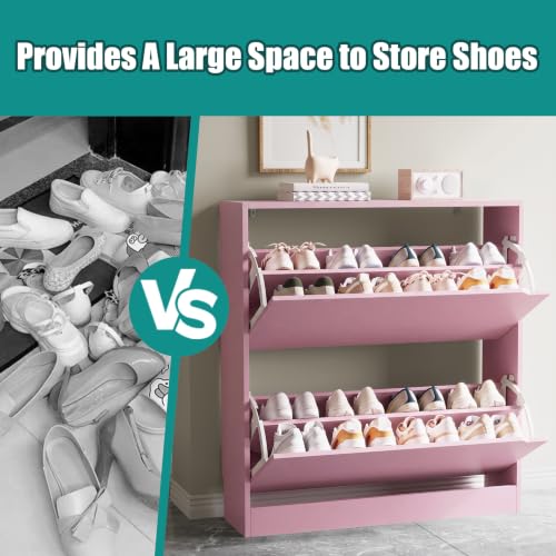 Image of Xixini Shoe Storage Cabinet for Entryway with 2 Flip Drawers, Wood Freestanding Hidden Shoe Storage, Narrow Slim Sturdy Shoe Organizer for Front Door Entrance, Living Room, Hallway, Bedroom, Pink