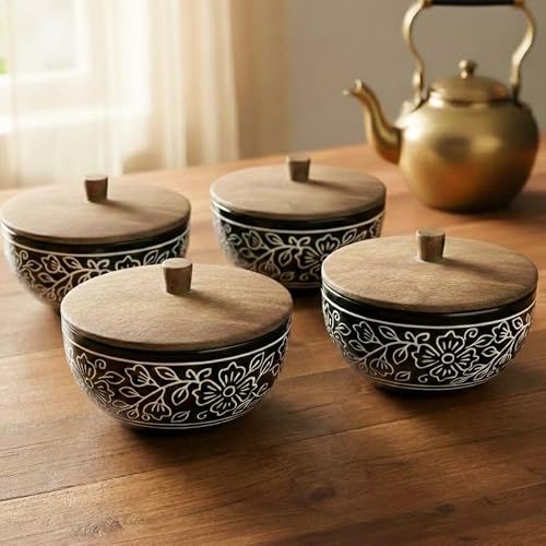 Image of The Earth Store Black Artvine Ceramic Bowl Set of 4 - 500ML Each with Nob Wooden Lid | Mixing Bowls for Snacks, Rice, Dal, Fruits, Salad Microwave Safe Bowl with Lid Perfect Gifting & Daily Use