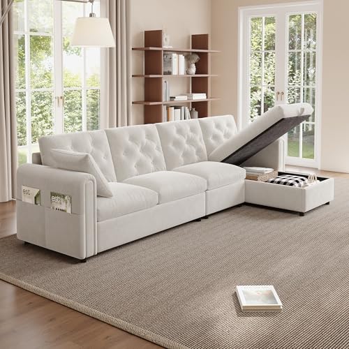 Trdlpyn Divano ad Angolo 4 Posti con Contenitore, Divano Angolare in Velluto con Poggiapiedi Rimovibile per Salotto Soggiorno, Chaise Longue a Forma di L, Divano a Sinistra/Destra Beige