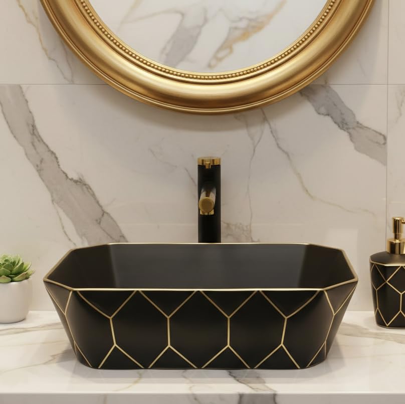 Image of BASSINO 20x14x6 Inches Ceramic Counter Top Wash Basin /1 Year Warranty /Rectangular Tabletop Basin for Bathroom /Above Counter Sink for Dining Hall /Living Room /Hotel /Office(Black & Gold Finish)
