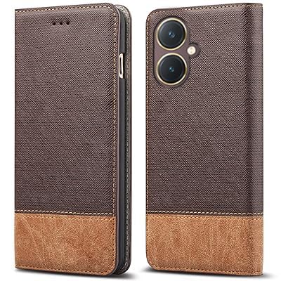 Image of ClickCase for vivo Y27 Blazer Series Cloth & Leather Wallet Flip Case Kick Stand with Magnetic Closure Flip Cover for vivo Y27 (Brown)
