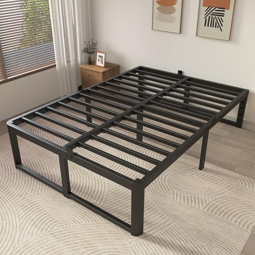 ZTH Queen Size Metal Platform Bed Frame 14 in, No Box Spring Needed, Black