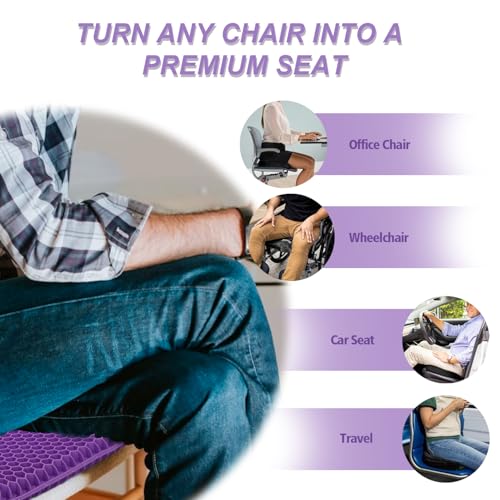 Image of Purple Gel Seat Cushion for Long Sitting, 20 inch Extra Large Double Thick Cooling Chair Cushions for Office Chair, Wheelchair, Car Seat, Stadium Seat Cushion, Game Chair Pads for Tailbone Pain Relief