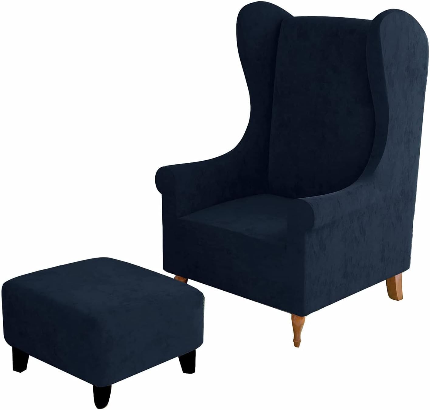 2 Pieces Wing Chair Slipcover & Ottoman Cover, Velvet Stretch Armchair Wingback Chair Cover Rectangle Footstool Slipcovers (Color : Navy, Size : Wing Chair+Ottoman S)