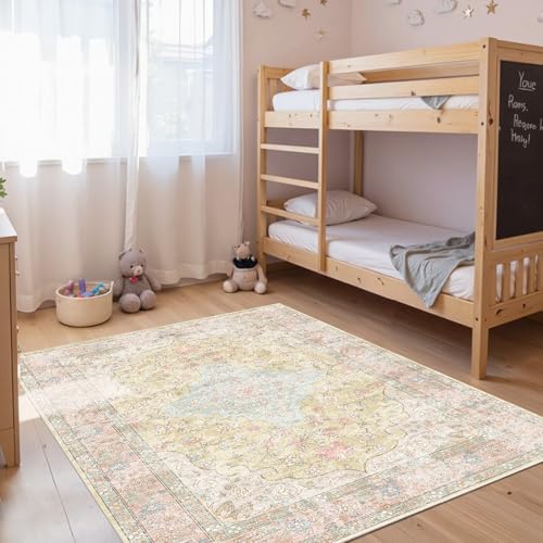 OHWPEAT 4x6 Area Rugs for Living Room, Bedroom, Small Washable Orange Rugs, Entryway Non Slip Rug, Neutral Floral Vintage Boho Soft Indoor Carpet for Nursery, Bathroom, Office — view 4