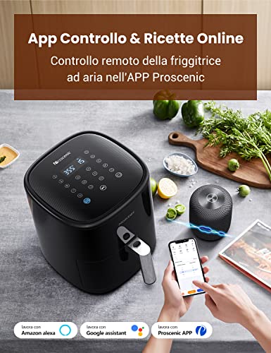 Proscenic T22 Friggitrice ad Aria, 5L Air Fryer Controllo con App & Alexa e Display LED Toccabile,11 Programmi Preimpostati，Rumore Basso，Senza BPA e PFOA per Patatine Fritte/Pizza