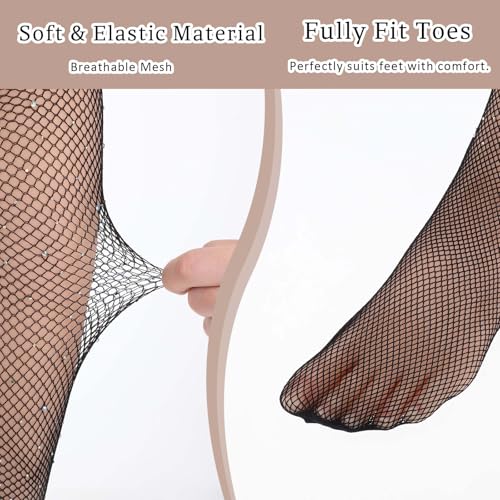 Girls Rhinestone Fishnet Tights, Glitter Ballet Tights for Girls, Seamless Rhinestone Hollow Out Pantyhose Dance Socks (Black)3
