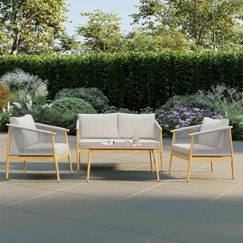Charles Bentley 4 Seater Lounge Set, Outdoor, Wood Effect, Rope Weave, Weather Resistant, UV Protected, Light Grey, Brown, Wood Effect Frame, Thick Cushions, Aluminium Frame
