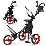 Goplus 3 Wheel Golf Push Cart, Lightweight Foldable Caddy Cart w/Adjustable Seat, Handle, Umbrella Holder, Foot Brake, Golf Trolley for Golf Bags, Collapsible Golf Pull Cart for Men Women (Red)
