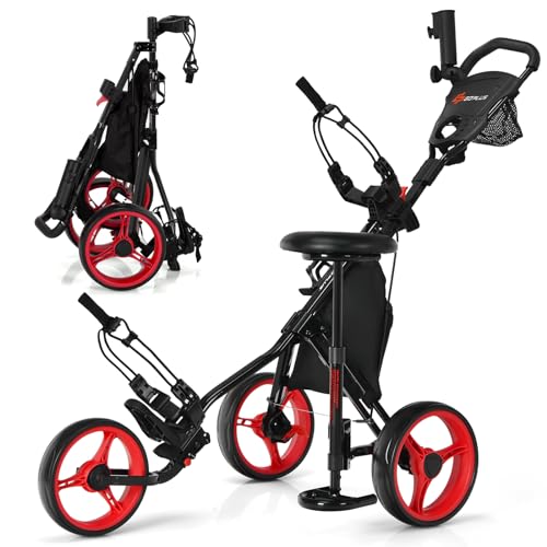 Goplus 3 Wheel Golf Push Cart, Lightweight Foldable Caddy Cart w/Adjustable Seat, Handle, Umbrella Holder, Foot Brake, Golf Trolley for Golf Bags, Collapsible Golf Pull Cart for Men Women (Red)