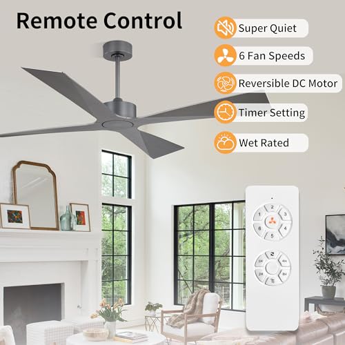 Image of WINGBO 64 inch Wet Rated Outdoor Ceiling Fan without Lights, 4 ABS Plastic Blades, 6-Speed Reversible Quiet DC Motor, Waterproof Ceiling Fan No Lights for Patio Porch Gazebo Garage, Brushed Graphite