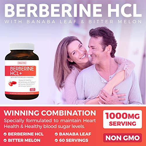 Berberine HCL 500mg (Non-GMO & Vegetarian) Plus Bitter Melon & Banaba Leaf - Blood Sugar Support Supplement & AMPK Metabolic Activator - 60 Capsules - No Pills