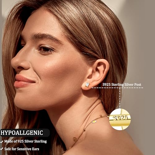 Moissanite Earrings Studs Flat Back Earrings Hypoallergenic - 14K Gold Plated Sterling Silver Earring for Women Men Small Dainty Cartilage Helix Piercing Jewelry D Color VVS13