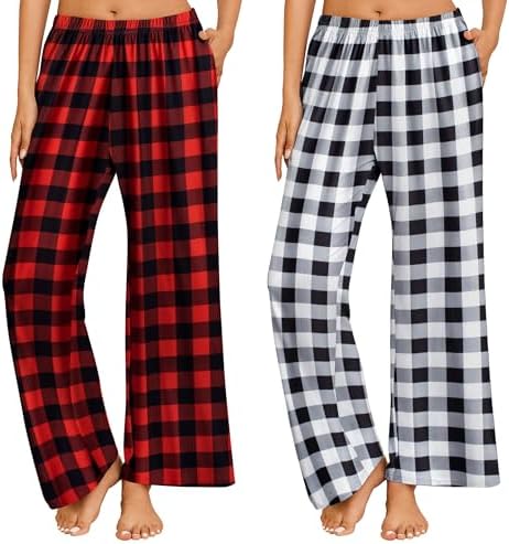 Ekouaer 2 Pack Women Pajama Pants Soft Casual Pajama Bottoms Comfy Wide Leg Sleep Pants Pj Bottoms with Pockets
