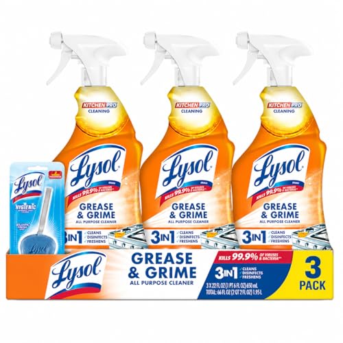 Reckitt Lysol Kitchen Pro Antibacterial Cleaner Trigger 22 Fl Oz (Pack of 3) - With 1ct Auto In-The-Bowl Toilet Cleaner Atlantic Fresh