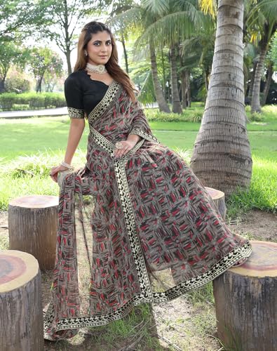 Image of Yashika Women's Georgette Saree with Lace Border |Solid Digital Printed Saree for Women