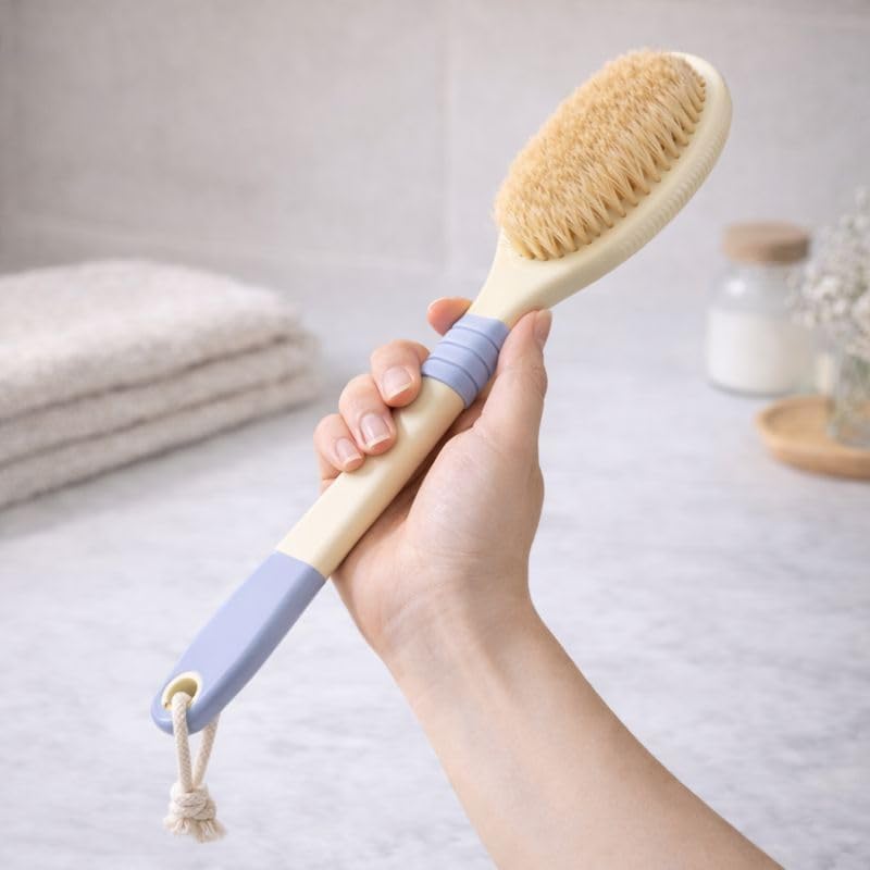 Back Scrubber for Shower [Made in Japan] Flexible Head Wet or Dry Brushing Body Brush, Natural Boar Bristle, Long Handle Exfoliating