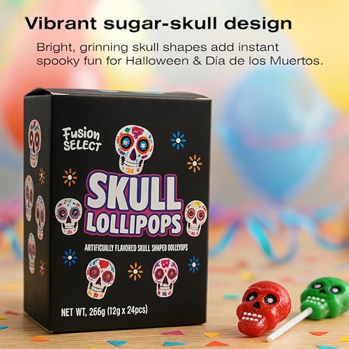 Fusion Select 24 Pcs Sugar Skull Lollipops - Colorful Halloween & Day of the Dead Candy - Individually Wrapped Novelty Treats for Kids - For Trick or Treat, Themed Party Favors & Celebrations - image 4