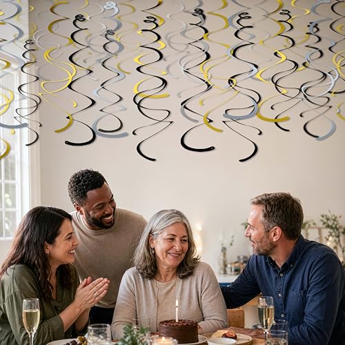 Image of HonuGoGo 48-Piece Paper Swirl Party Decorations for Ceiling, Black Gold Silver Satin-Look Single & Double Hanging Spirals, for Graduation, Birthday, Wedding, New Year, Bachelorette, Corporate Events