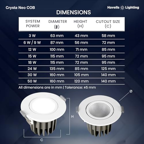 Image of Havells Crysta NEO Swivel COB Spotlight 50W 3K Ceiling Light Energy Efficient Beam Angle of 36 Long Life of 25000 Burning Hours Metal Body COB,Aluminum DIE CAST,80 Lumen Per Watt 6500K