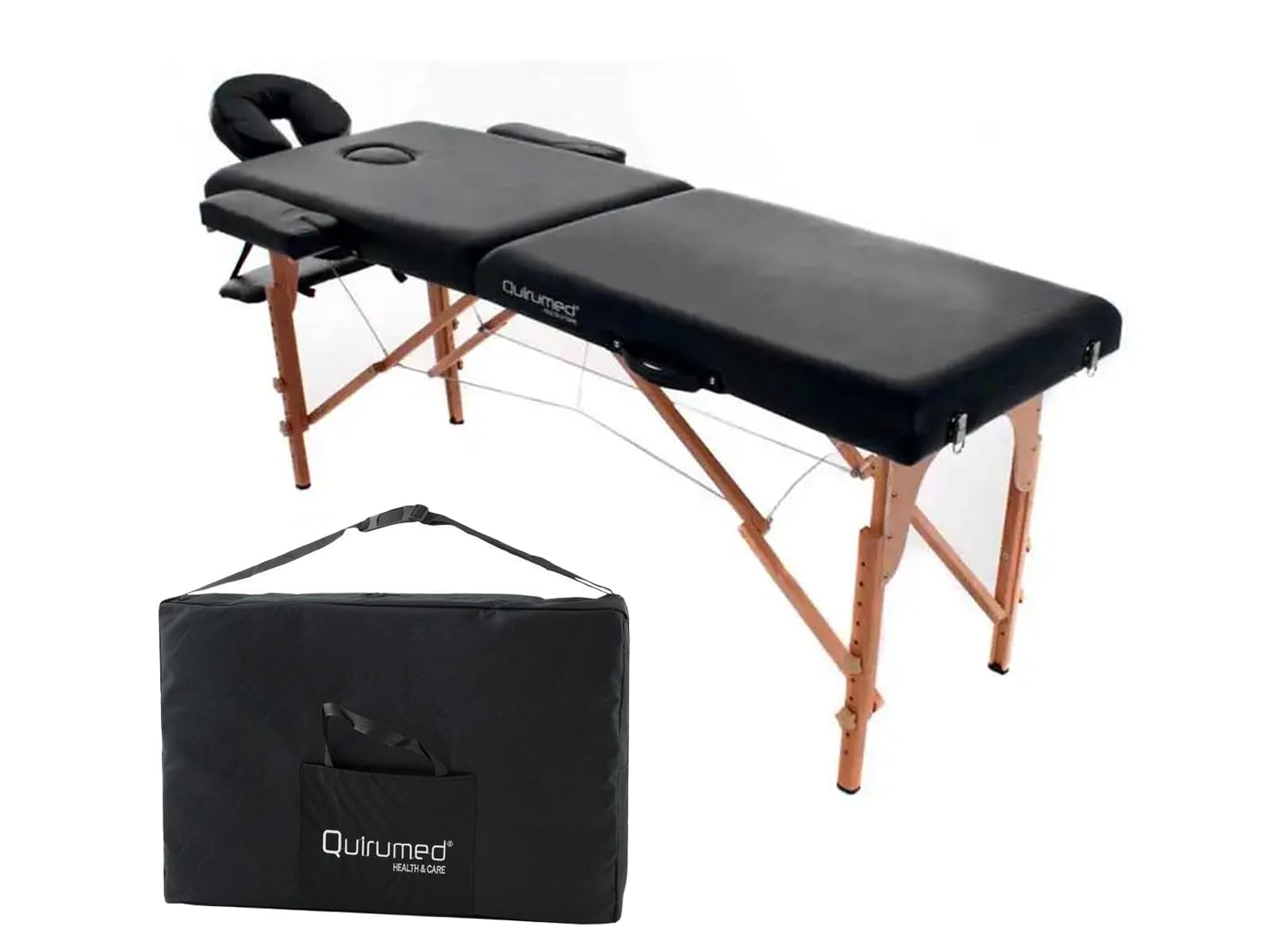 QUIRUMED Camilla Plegable Masaje de Madera Easy, Color Negro, 194 x 70 cm, Mesa de Masaje, Masaje Fisioterapia, Polipiel, Cabezal articulado, Altura Regulable, 2 cuerpos, hasta 150 kg