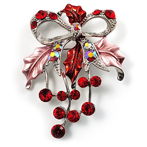 Preisvergleich Produktbild Unbekannt Brosche mit roten Kristallen, Trauben und Schleife, silberfarben