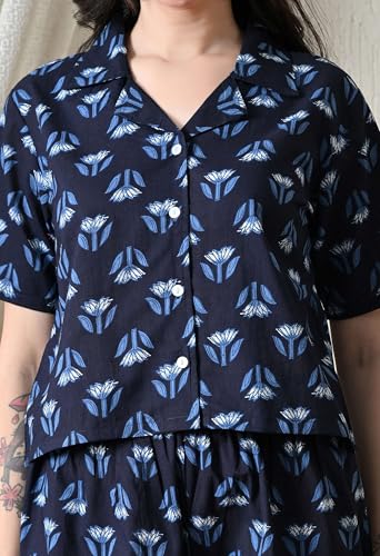Image of Women Cotton Pajama Set Shirt & Shorts | Co-Ord Night Suit Soft Breathable Printed Sleepwear Lounge Wear Comfortable