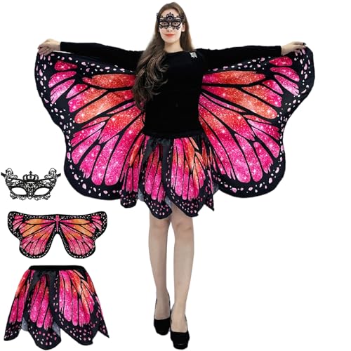 AtRenty Butterfly Costumes for Women - Double-Sided Printing Butterfly Wings Cape with Skirt for Adults Halloween Costumes