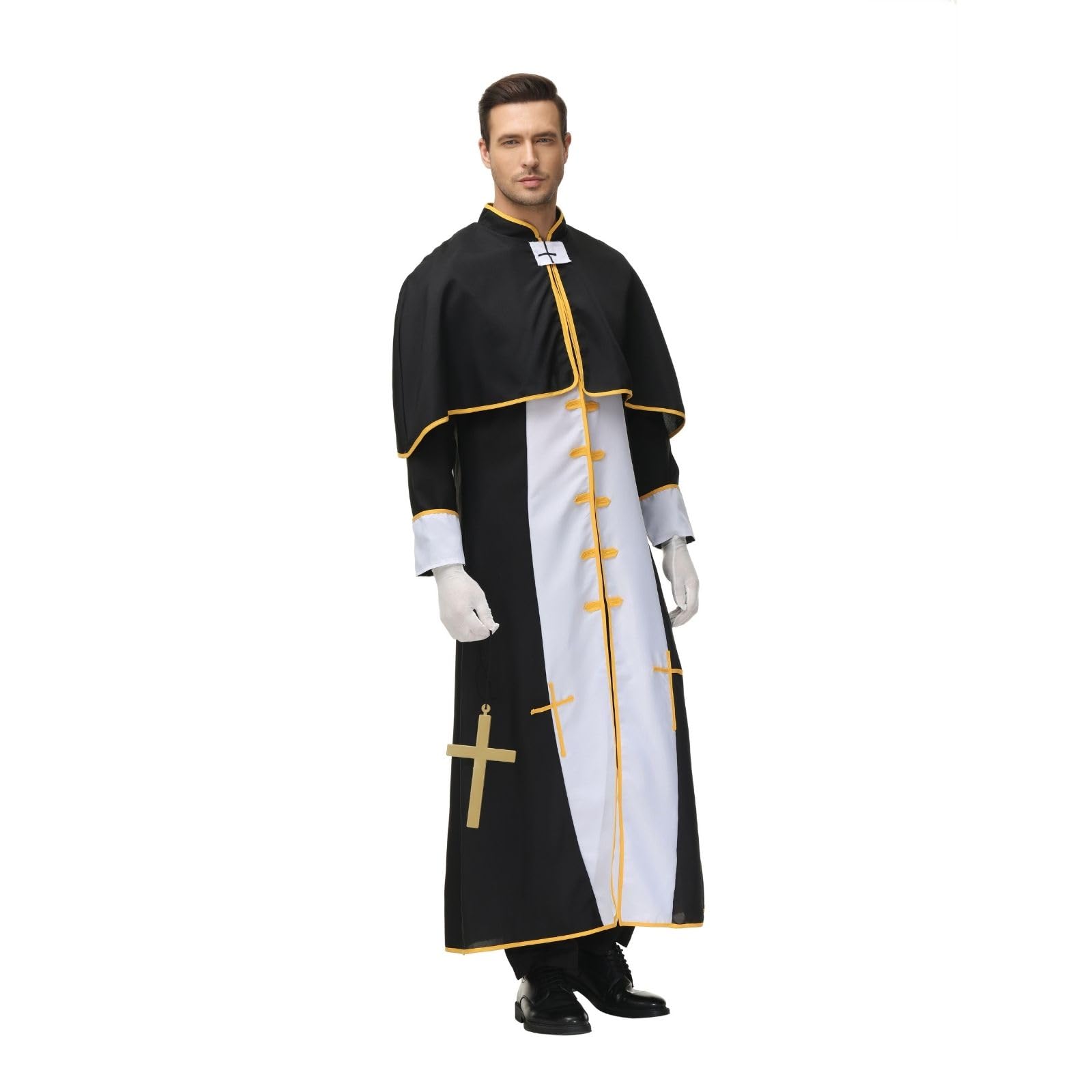 HAPNBCELE Mens Priest Costume Adult Priest Robe Preacher Costume Father Priest Halloween Priest 3 Pcs (Black and White-L) - Image 4