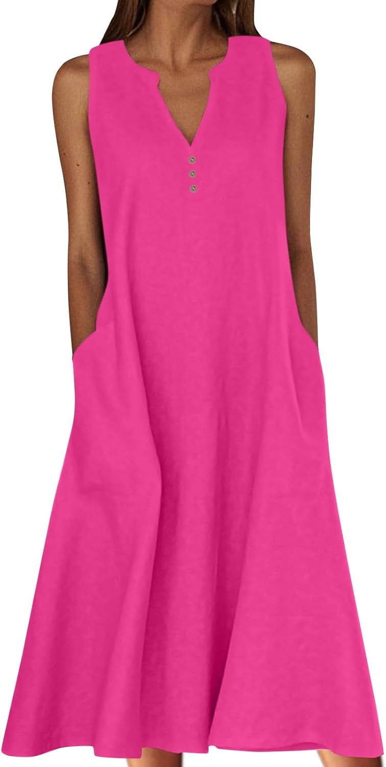 Summer Linen Dresses for Women Button V Neck Sleeveless Midi Dress Casual Cotton Gauze Shift Maternity Dress for Women