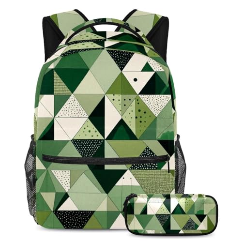 Sac à dos avec trousse motif géométrique vert et multicolore pour voyage scolaire