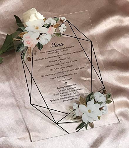 KKaylee Pink,White Rose,Peony Flowers,Acrylic Wedding Menu Cards,Greenery Menu, Acrylic Wedding Invitations,Acrylic Printed Dinner Menu,Custom Menu Cards, 10pcs