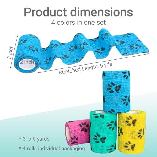 SCICOFIX Self Adhesive Bandage, Multi-Color Cohesive Wrap, Flexible Athletic Tape for Sports Support, Wound Dressing and Veterinary Use (4pcs in 4 Colors, 3 Inch)