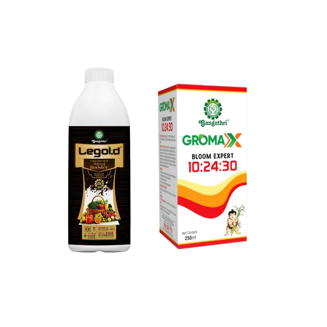 Gangothri LeGold Liquid 500ML & GROMAX BLOOM EXPERT 10:24:30 250MLCombo | Perfect Growth Solution for Seedlings & Young Plants | Soil and Fertilizer for Plants & Home Garden