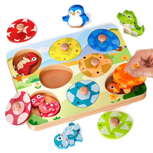 EDUJOY Wooden Puzzles for Toddlers 1-3, Baby Puzzle 12-18 Months, Montessori Toys for 1 Year Old Boys Girls Christmas Birthday Gifts, Animal Peg Puzzles for Toddlers 2-4, Preschool Learning Activities