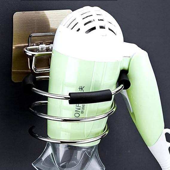 Image of Wall Mounted Hair Dryer Holder - Self Adhesive No-Drill Bathroom Organizer Rack for Dryer, Straightener & Combs (SILVER) (1)