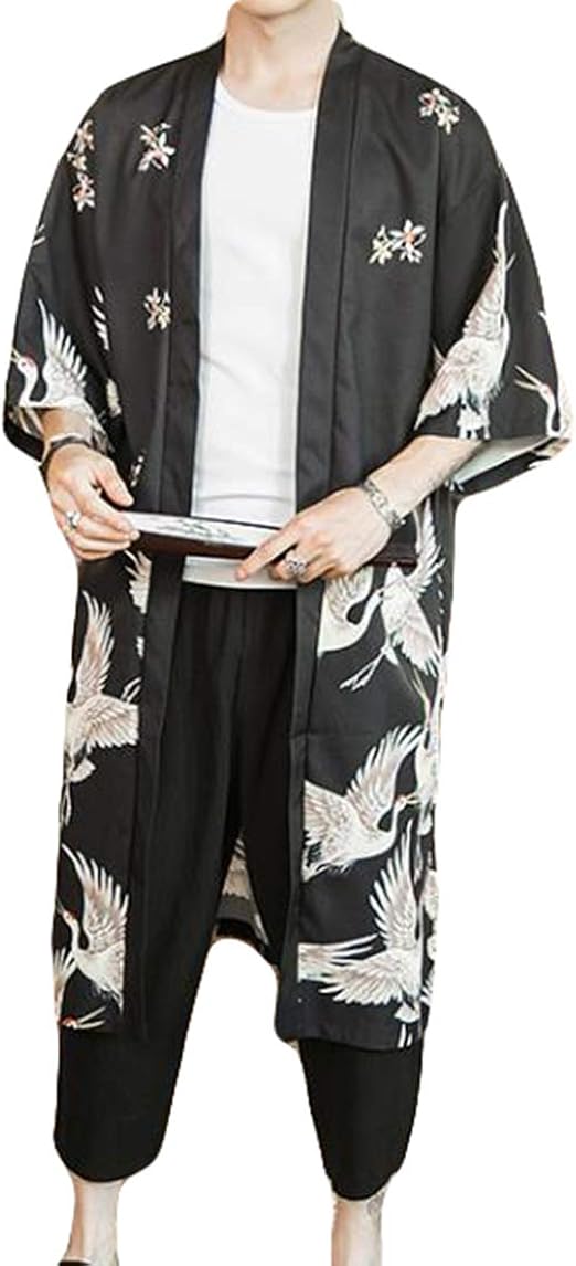 Amazon Ksila ロングカーディガン メンズ 薄手 ゆったり コート ロング丈 鶴柄 和式パーカー カジュアル 羽織 カーディガン 夏 大きいサイズ アウター カーディガン 通販
