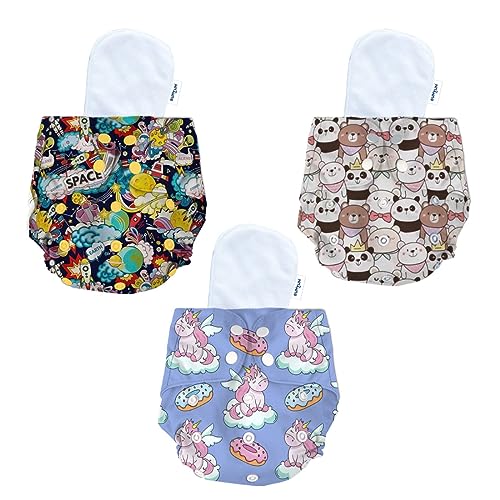 Image of Bumtum Baby Diaper | 0-3 Yrs Baby Freesize | Pack of 3, New Born Baby Diaper, Cloth Diaper, Waterproof Reusable Diaper, 5hrs Absorbency, Washable, Cotton, Extra Soft (Unicorn, Teddy Face & Space Old)