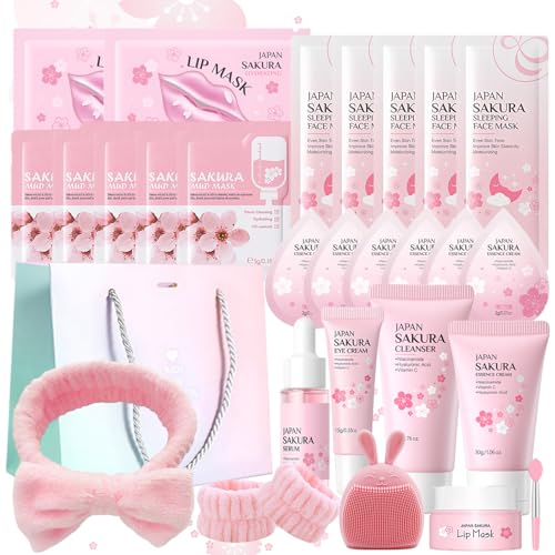 29 Piezas Set de Cuidado Facial Sakura, para Adolescentes y Mujeres | Set de Cuidado Diario de la Piel con Limpiador, Suero, Mascarilla Facial, Mascarilla Labial, Limpieza y Cuidado Facial