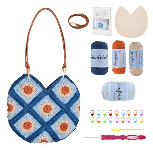Image of Hanfetch Crochet Kit for Advanced or Intermediate Beginner, Step by Step Video Tutorial and Detailed Guide Instruction DIY Craft Supplies for Adult and Kid with Complete Kit for Granny Square Tote Bag