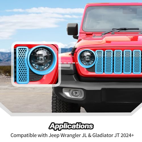 Image of JeCar Mesh Grill Inserts & Headlight Covers Fit for 2024+ Jeep Wrangler JL Grill Covers Trim Accessories (9pcs Light Blue)