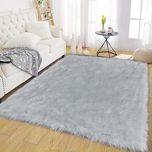 Latepis Grey Rugs for Bedroom Area 4x6 Gray Faux Sheepskin