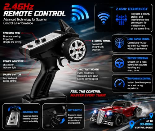 Image of 1:16 RC Drift Car 4WD High-Speed Remote Control Vintage Racing Car with 2.4 GHz Steering Controller, LED Lights, Rechargeable Battery, 35 km /h Toy Car for Kids Adults