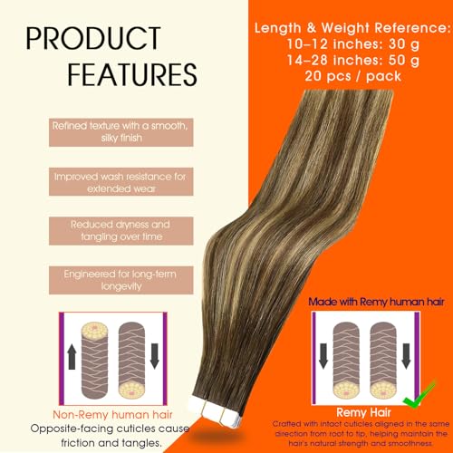 Image of Full Shine Tape in Hair Extensions 18Inch Skin Weft Invisible Tape in Human Hair Medium Brown to Honey Blonde Real Human Hair Extensions Tape ins 50G Balayage Hair Extensions for Wedding 20pcs 4 /24 /4
