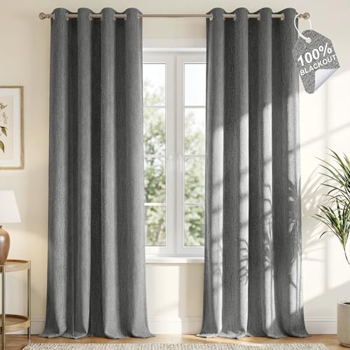 NICETOWN 100% Blackout Grey Curtains Linen Blend with White Liner Composite, Grommet Thermal Drapes Sound Reducing Relax Home Decor Window Treatments for Living Room, 2 Panels, W52 x L84
