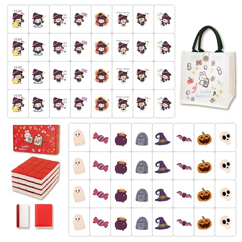 Gueiddi Mahjong Tile Set, 65 pcs vita Mahjong Game Set with Handbag, Portable Travel Mahjong Set for Spring Picnic, Party Gift, Seaside Game & Beach Block Games (Halloween Witch Theme)