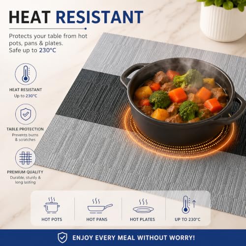 Image of OXSAM Placemats, Heat Insulation Non-Slip Vinyl mats, Stain-Resistant Tablemats for Home and cafe Dining Table Decor (Black & Gray, Pack of 6)