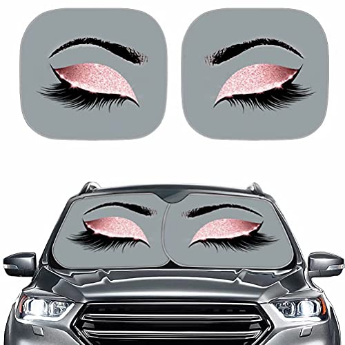 AFPANQZ Ladies Eyes Print Car Windshield Sunshade UV Protection 2 Piece Rectangle Wind Shield Front Window Visor Washable Pop Up Sun Shades Universal Fit for Sedan Truck SUVs Beauty Eyes Gray Pink