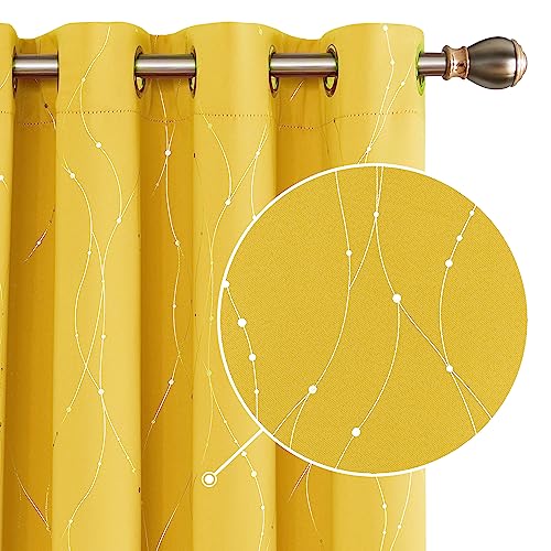 Deconovo Dot Line Decorative Super Soft Thermal Insulated Energy Saving Blackout Curtains for Living Room Mellow Yellow 46 x 54 Inch 2 Panels